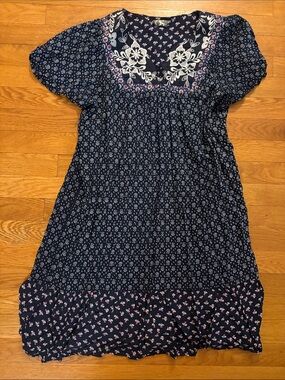 Navy Floral Embroidered Boho Dress
